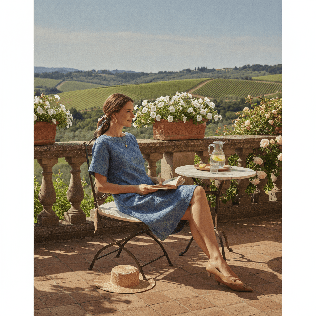 A generated concept: a jacquard shift dress styled on a Mediterranean terrace