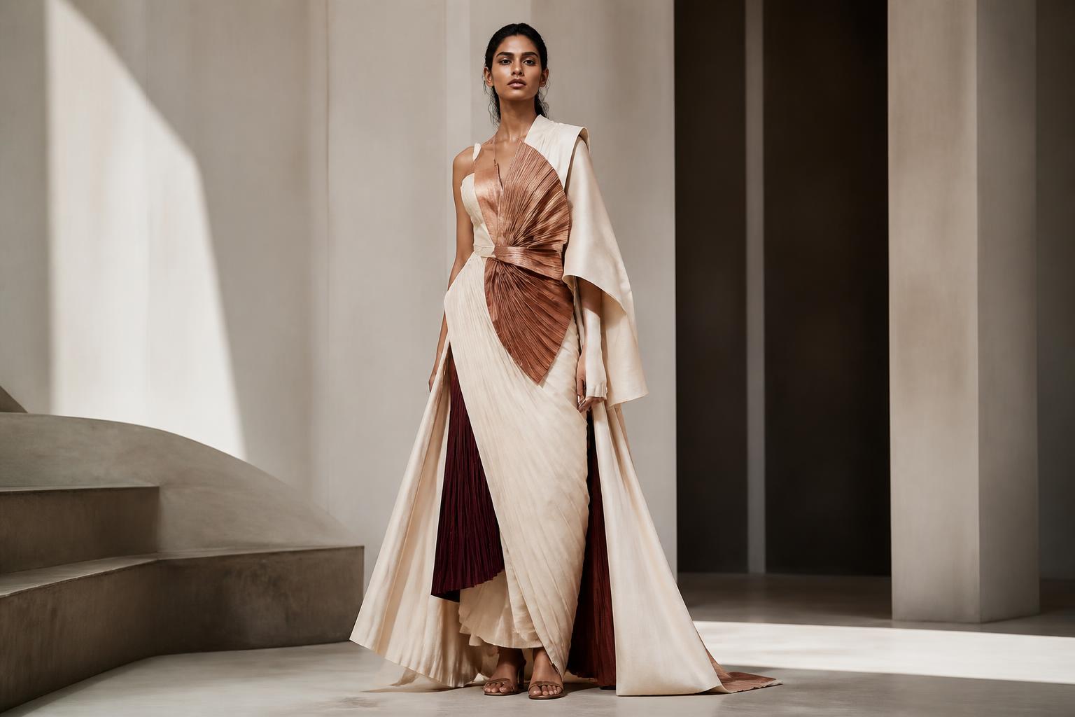 Model wearing a sculptural ivory and copper NineWaves garment