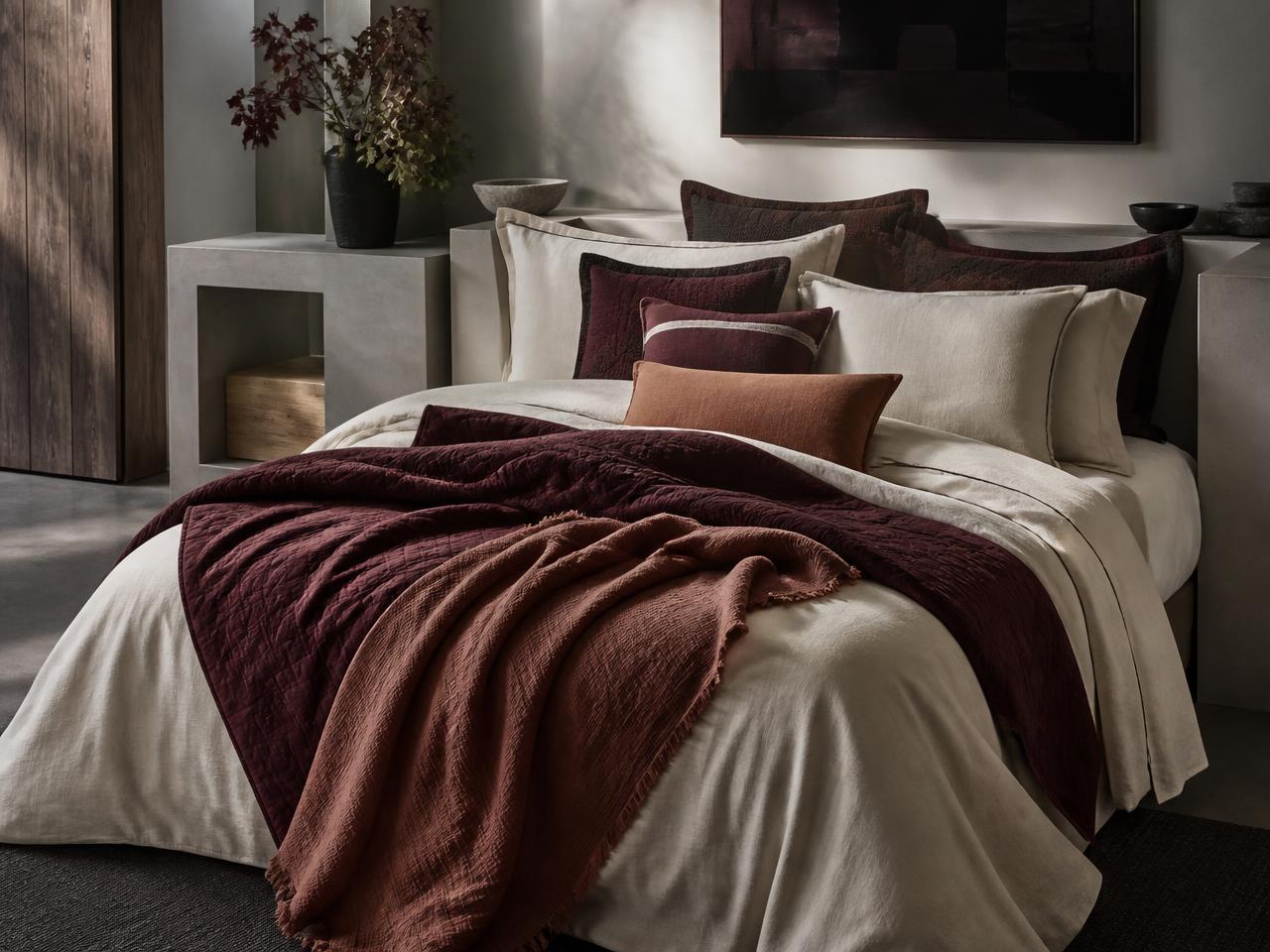 Layered ivory, burgundy, and copper NineWaves bedding and cushion collection